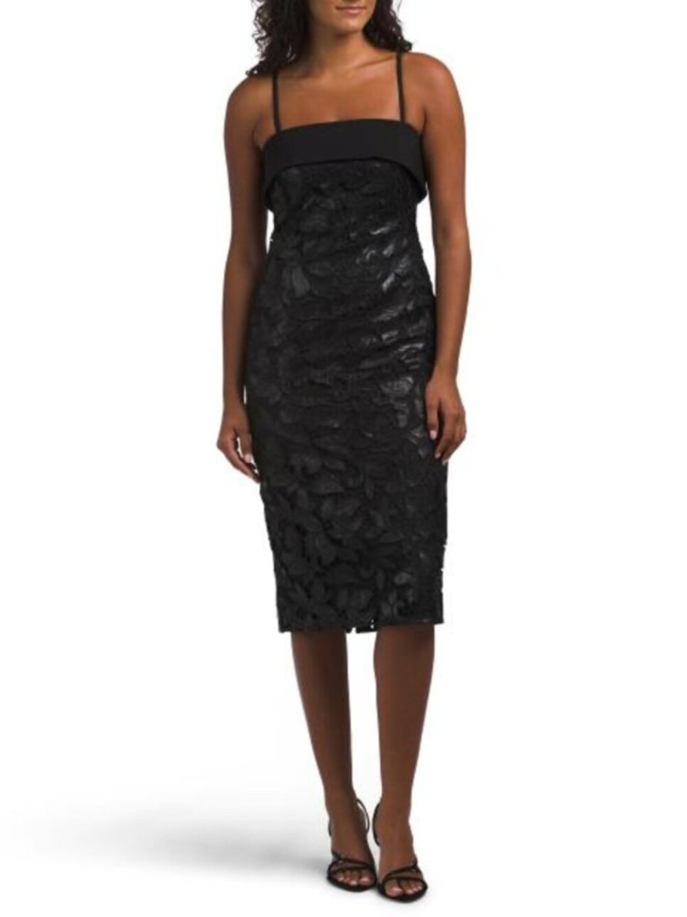 ADRIANNA EVENING Faux Leather Lace Midi Dress